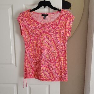 Lauren Ralph Lauren 100% Cotton SzPM Pink and Orange Paisley Short Sleeve Top